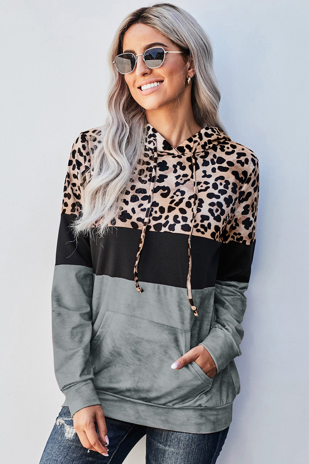 Leopard Color Block Hoodie - Gray / S