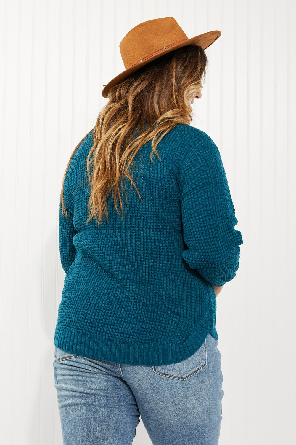 Zenana Autumn is Calling Full Size Waffle Knit Sweater in Teal -