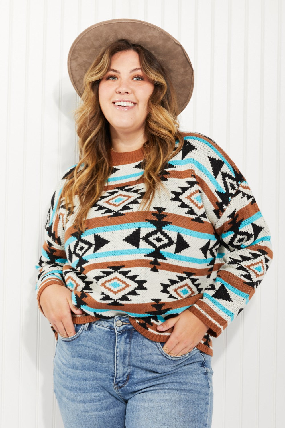 Andree by Unit Southwestern Sunset Full Size Geometric Mock Neck Sweater - Mocha Multi / S