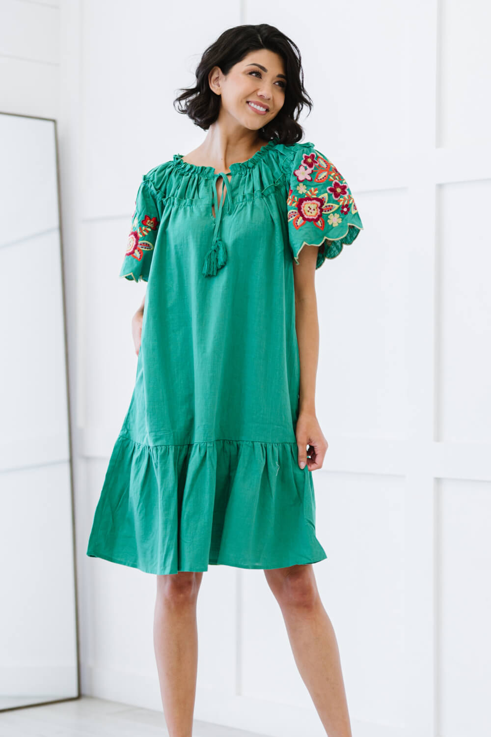 Davi & Dani Flowers for You Full Size Embroidered Dress in Green -