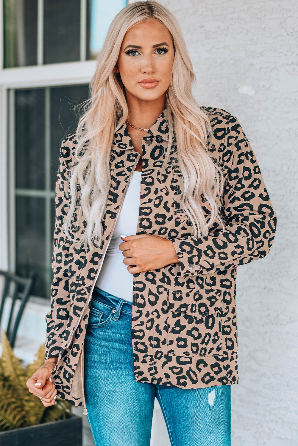 Leopard Drawstring Waist Jacket with Pockets -