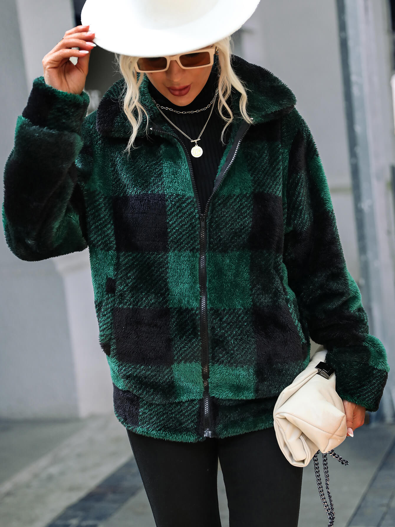 Plaid Zip Up Collared Plush Jacket -