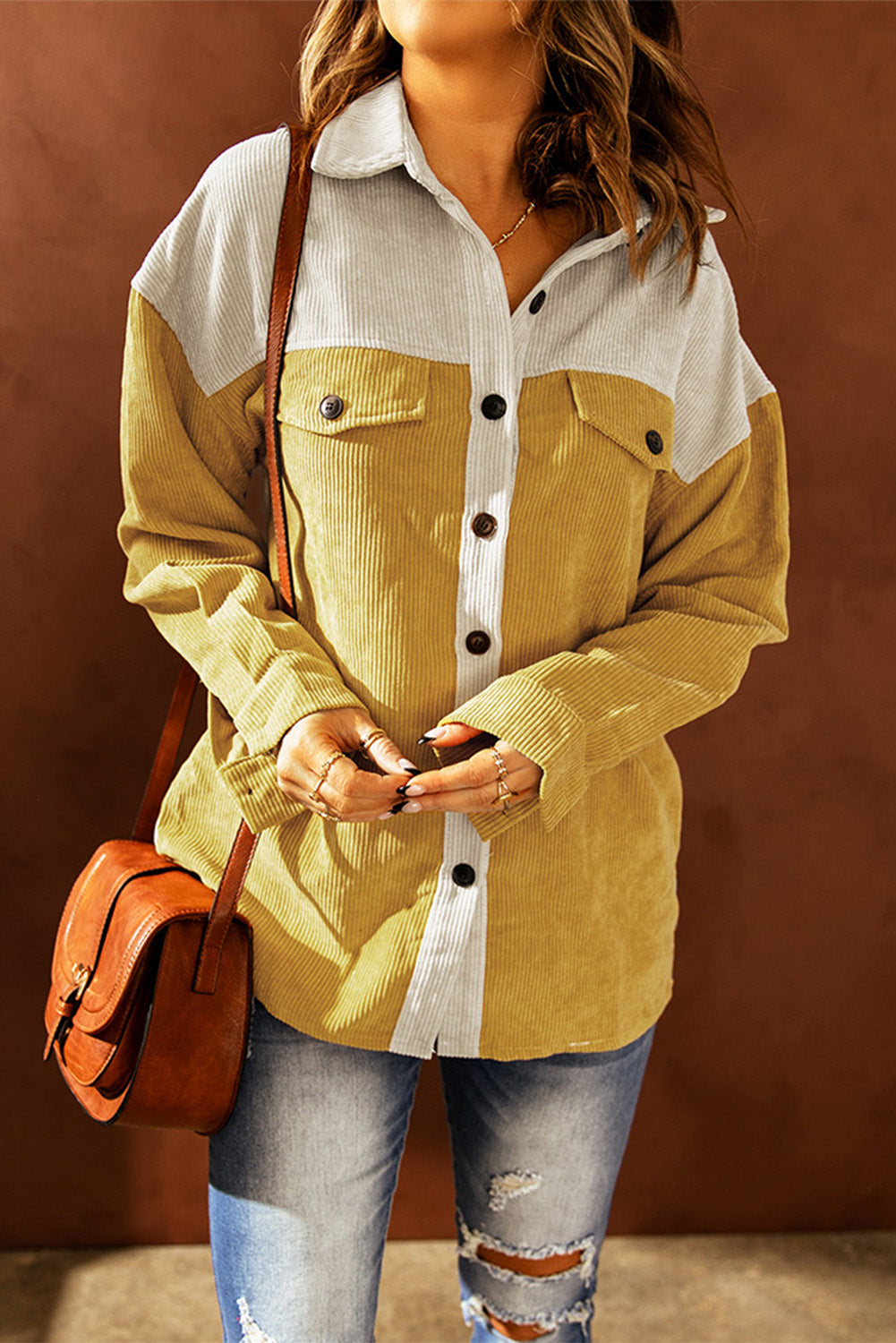 Color Block Button Front Corduroy Shirt Jacket - Beige/Yellow / S