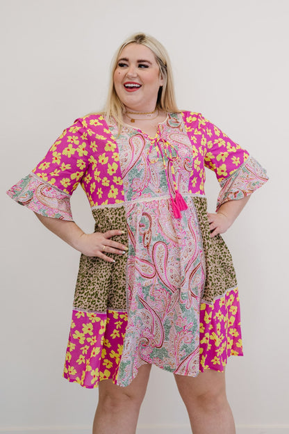 ODDI So Happy Together Full Size Run Patchwork Print Dress - Pink Combo / S