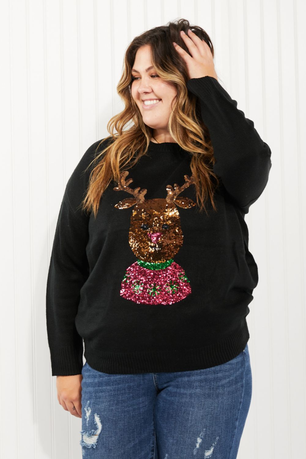 Andree by Unit Christmas Rudolph Full Size Sequin Sweater -