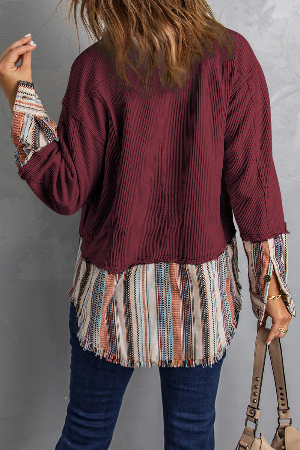 Striped Frayed Hem Corduroy Jacket -