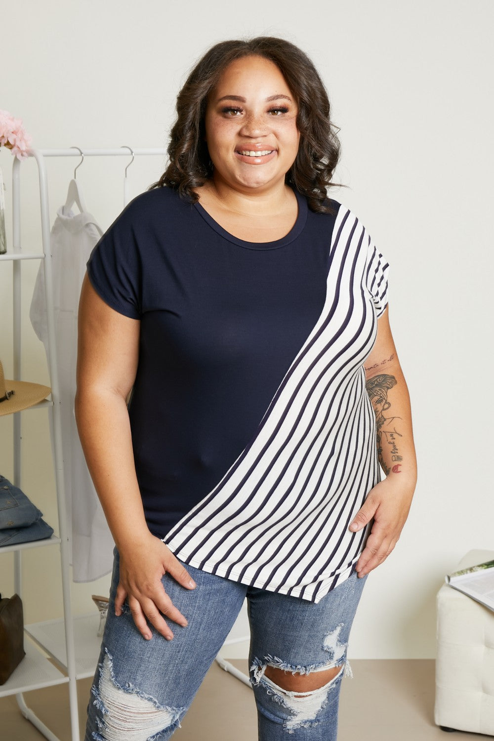 Sew In Love Spoonful of Sugar Striped Color Block Tee in Navy -