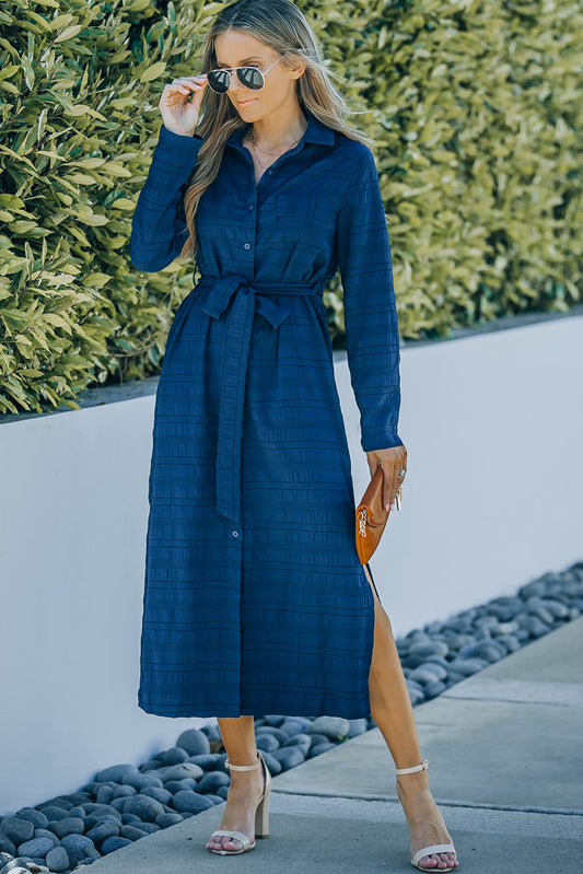 Button Front Textured Slit Shirt Dress with Belt - Indigo / S