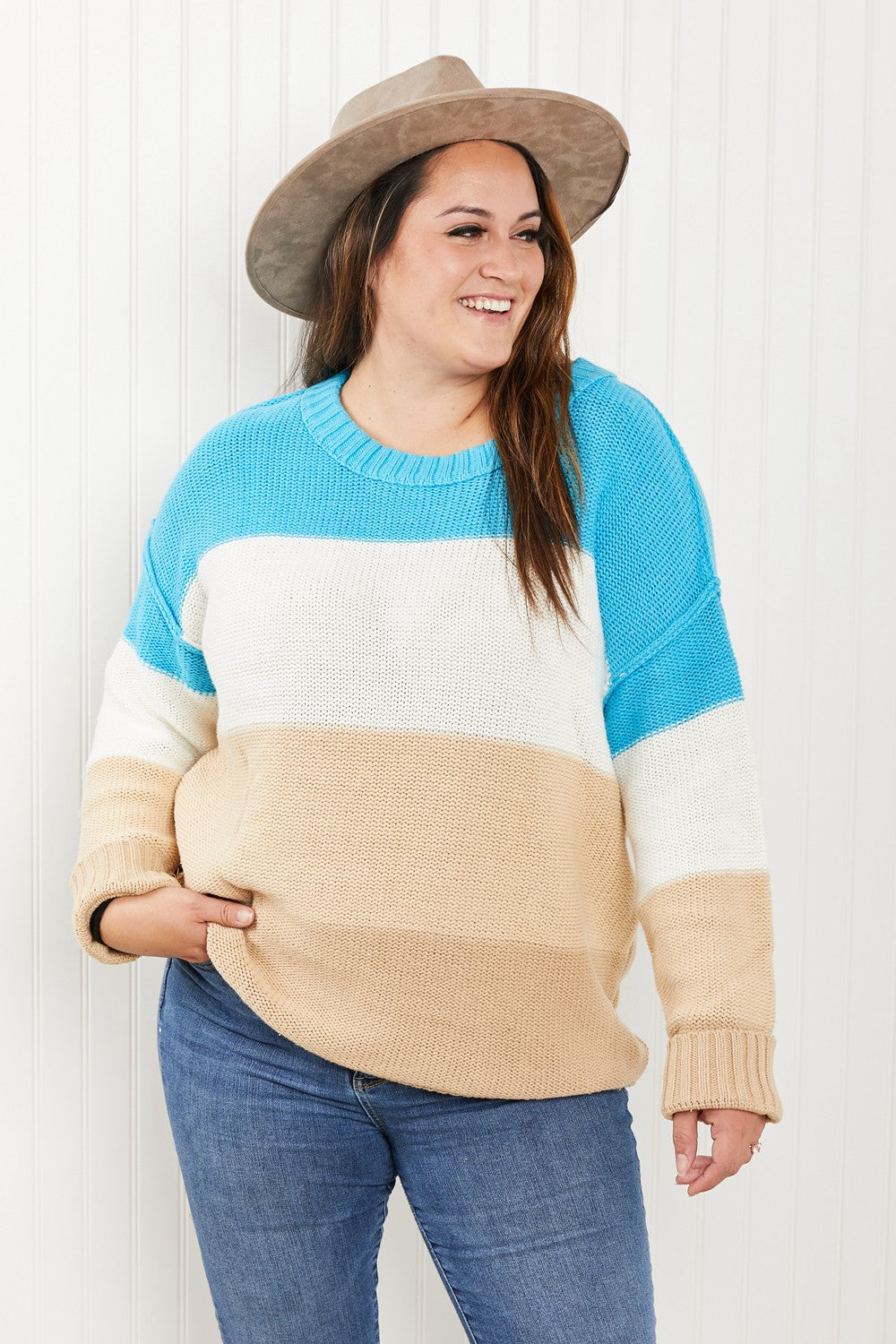 Sew In Love Full Size Color Block Exposed Seam Sweater -