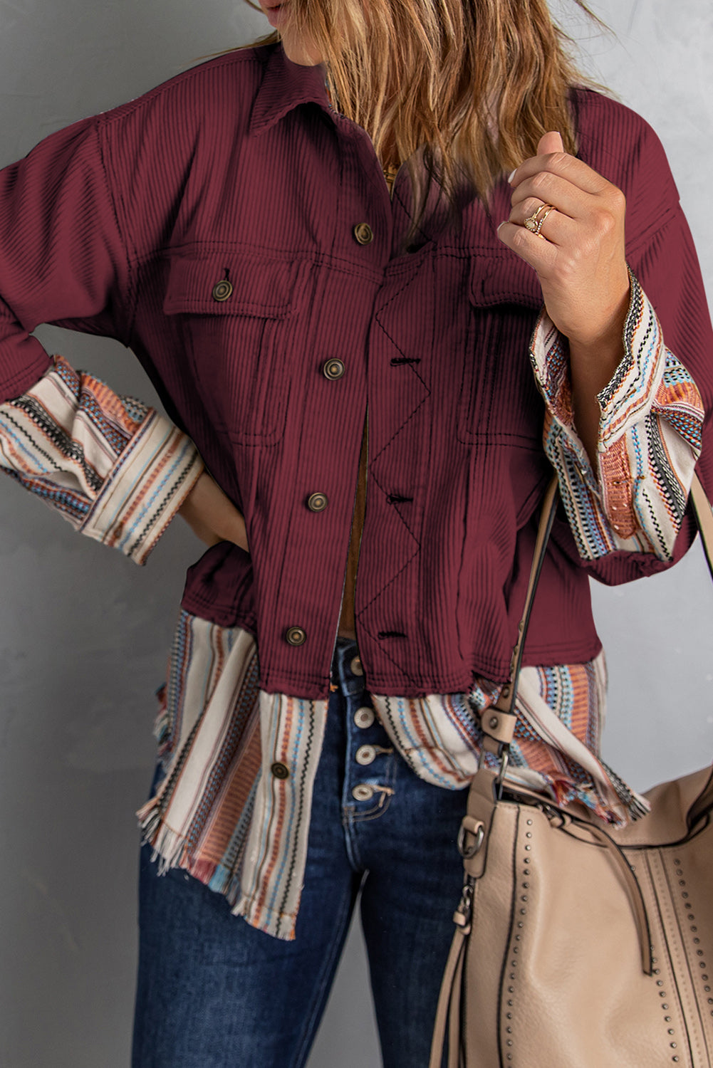 Striped Frayed Hem Corduroy Jacket -