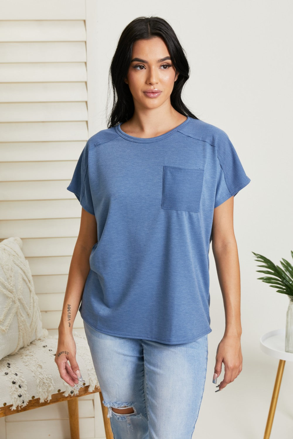 Sew In Love Stay and Chat Love Pocket Tee - Denim / S