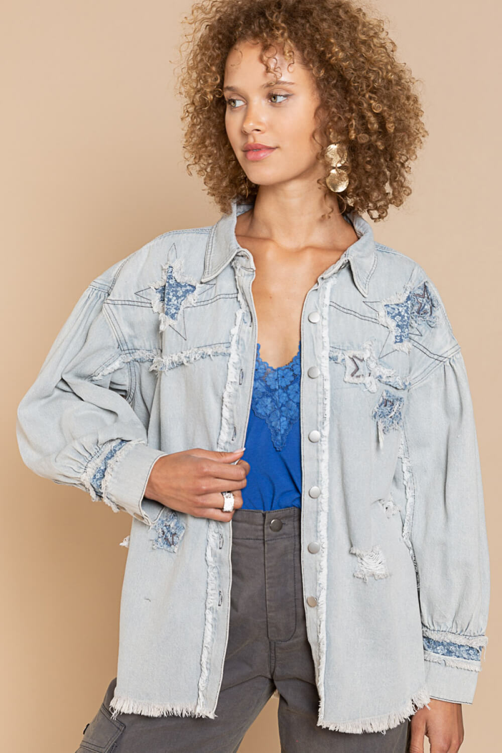 POL Star Patch Distressed Fringe Button-Up Denim Jacket in Light Denim - Light Denim / S