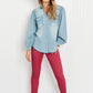 Davi & Dani Sitting Fireside Full Size Button Down Denim Shirt -