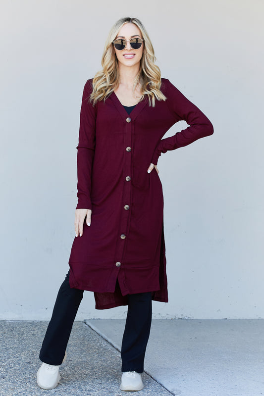 Zenana Autumn Aura Full Size Ribbed Longline Cardigan in Dark Burgundy - Dark Burgundy / S