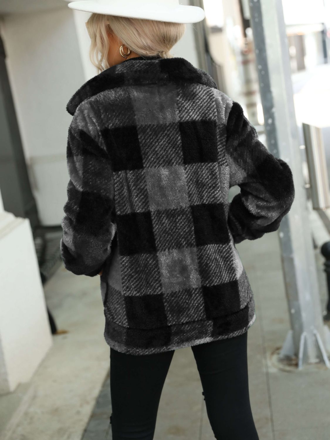 Plaid Zip Up Collared Plush Jacket -