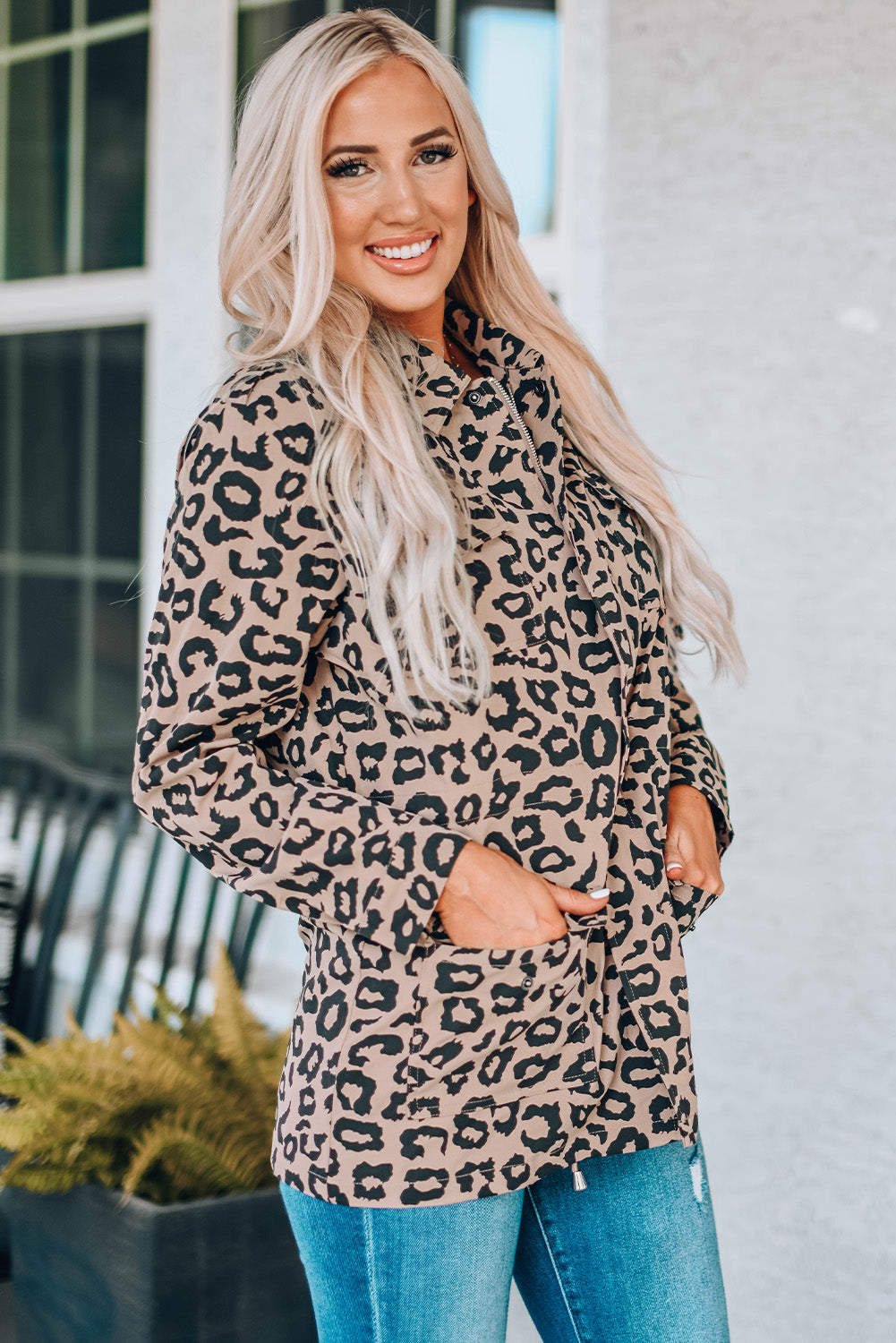 Leopard Drawstring Waist Jacket with Pockets -