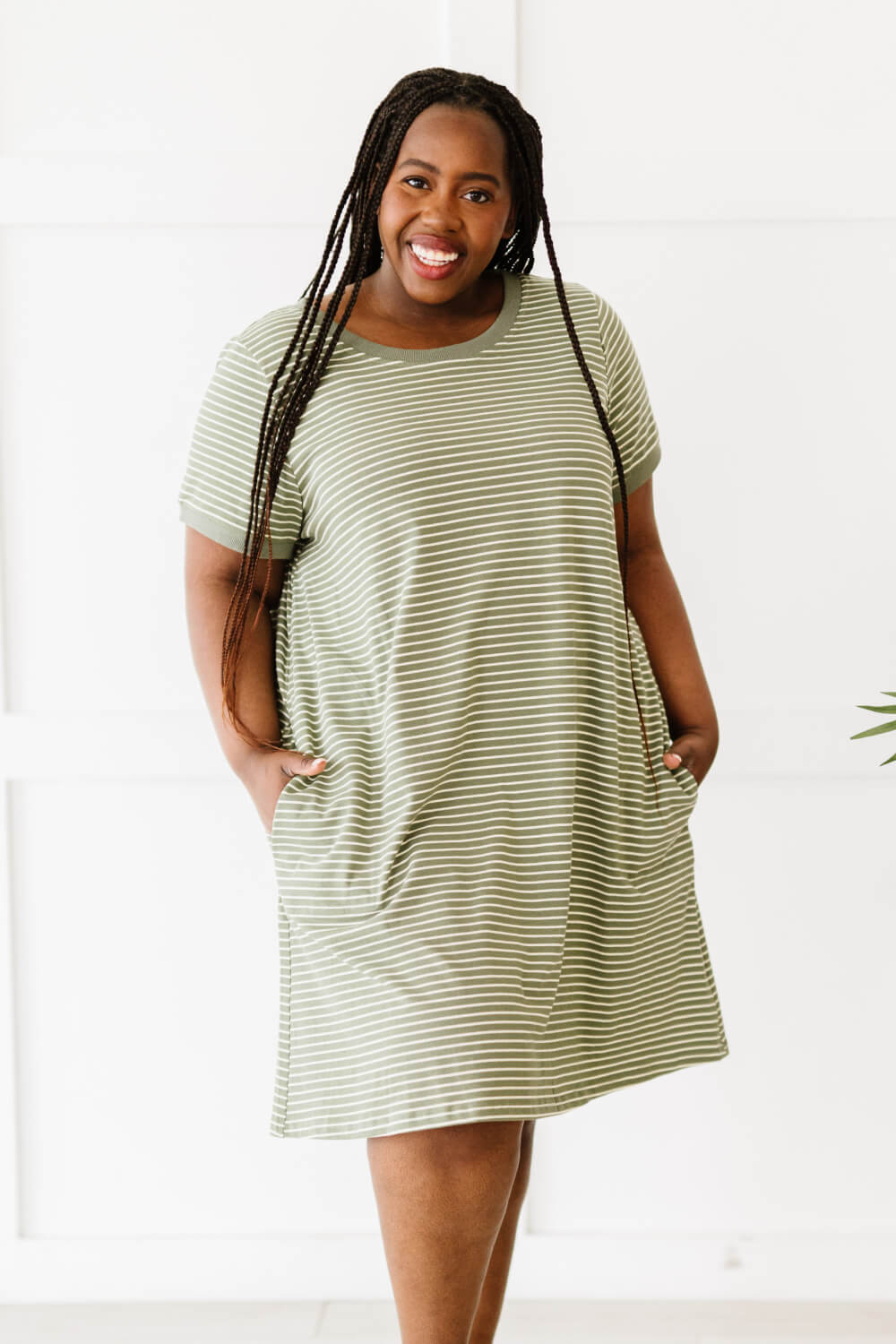 Cotton Bleu Simplicity is Best Striped T-Shirt Dress - Olive / S