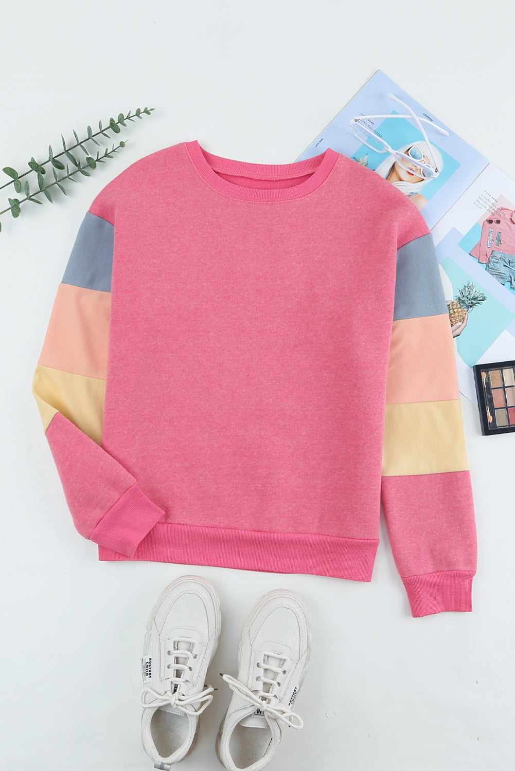 Color Block Ribbed Trim Sweatshirt - Rose / S