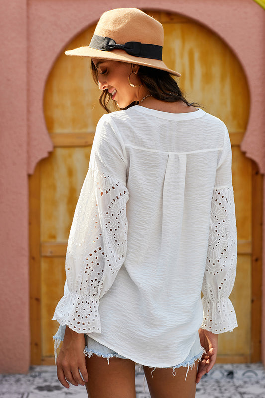 Full Size Eyelet Sleeve Button Down Top -