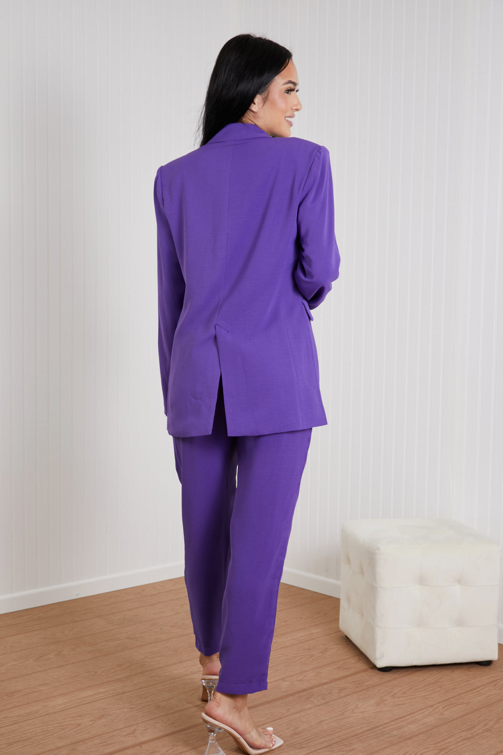 GeeGee Wall Street Bra, Blazer, and Pants Set in Purple -