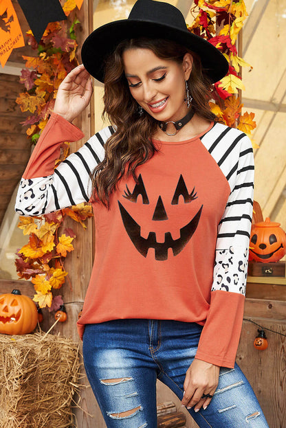 Halloween Graphic Mixed Print Raglan Sleeve Top - Orange / S