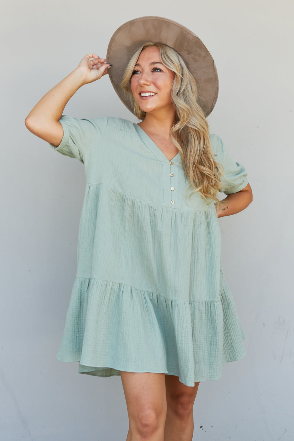 GeeGee Summer Blooms Quarter Button Dress in Light Sage -