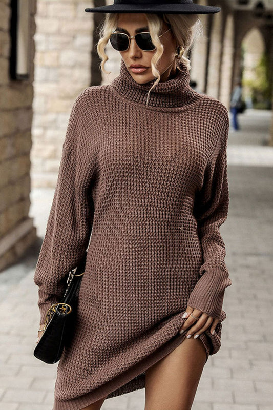 Turtleneck Dropped Shoulder Mini Sweater Dress - Coffee / S