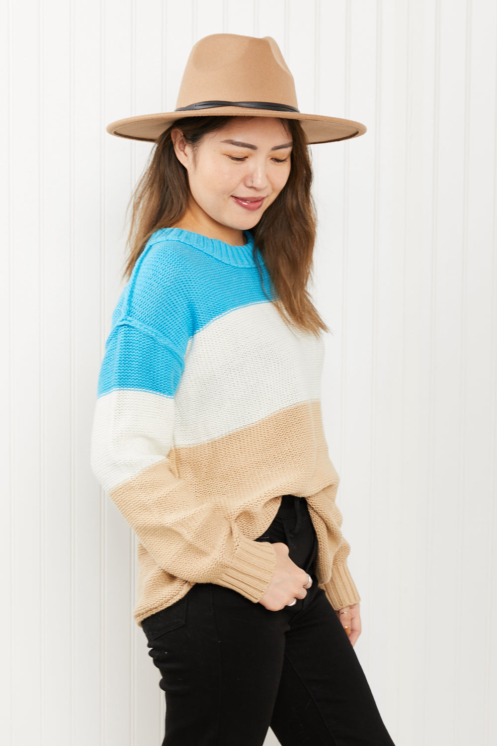 Sew In Love Full Size Color Block Exposed Seam Sweater -