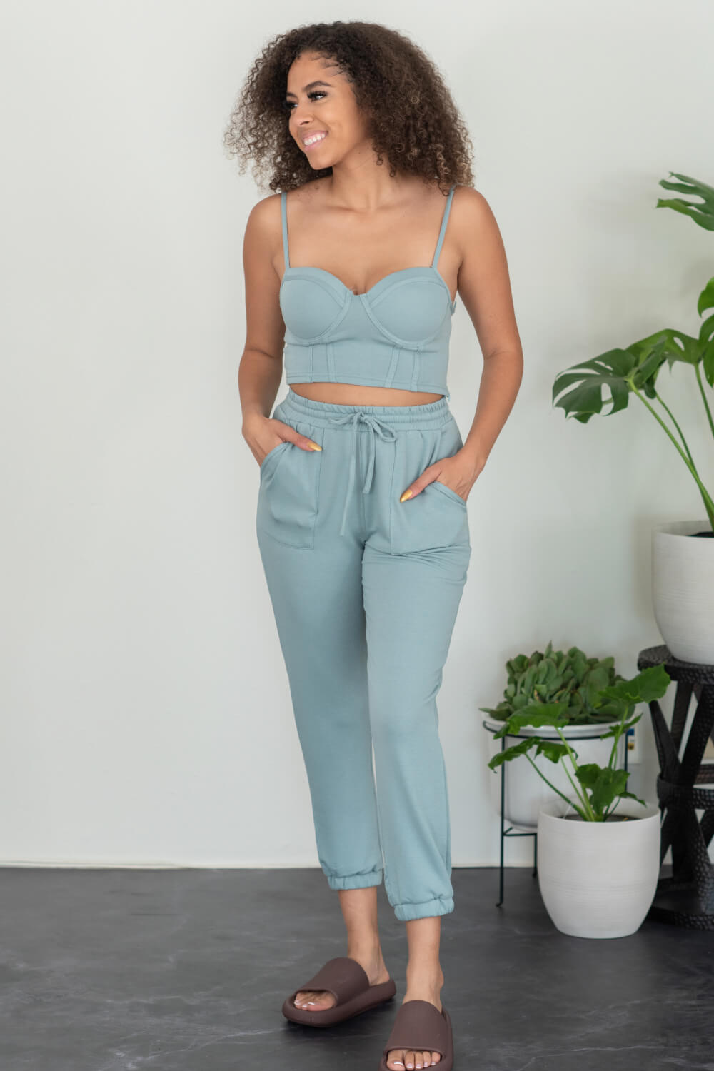 SHOPIRISBASIC Let's Do This Bustier and Joggers Lounge Set in Sage Green -