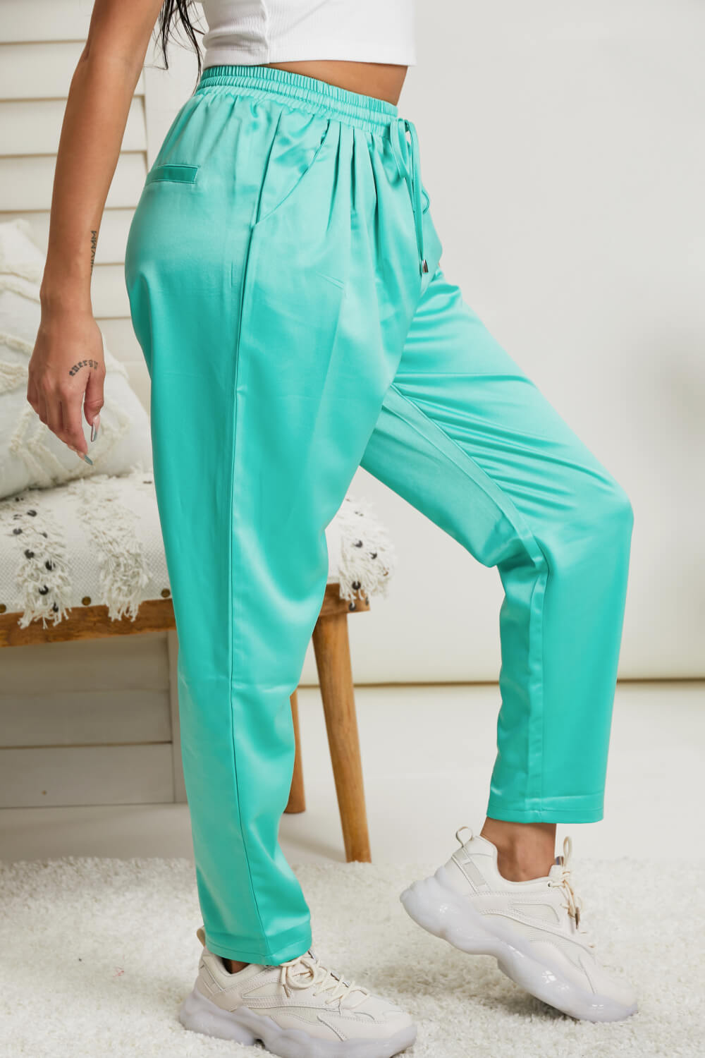 Glam A Little Bit of Luxe Satin Drawstring Pants in Mint -