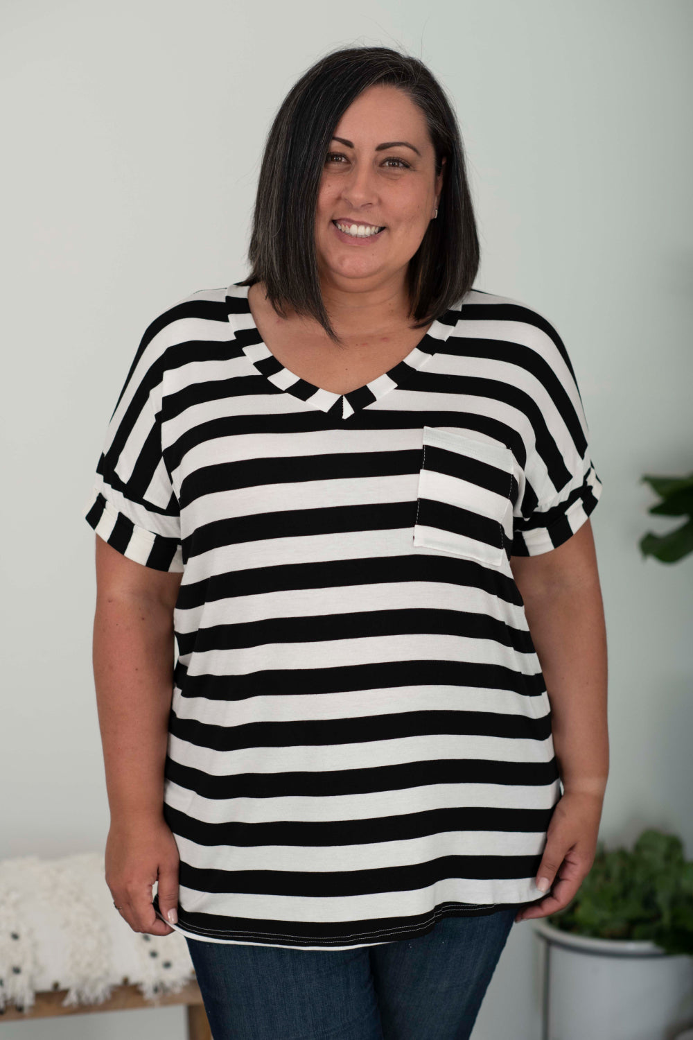 Sew In Love Out and About Striped Pocket Tee in Black and Ivory -