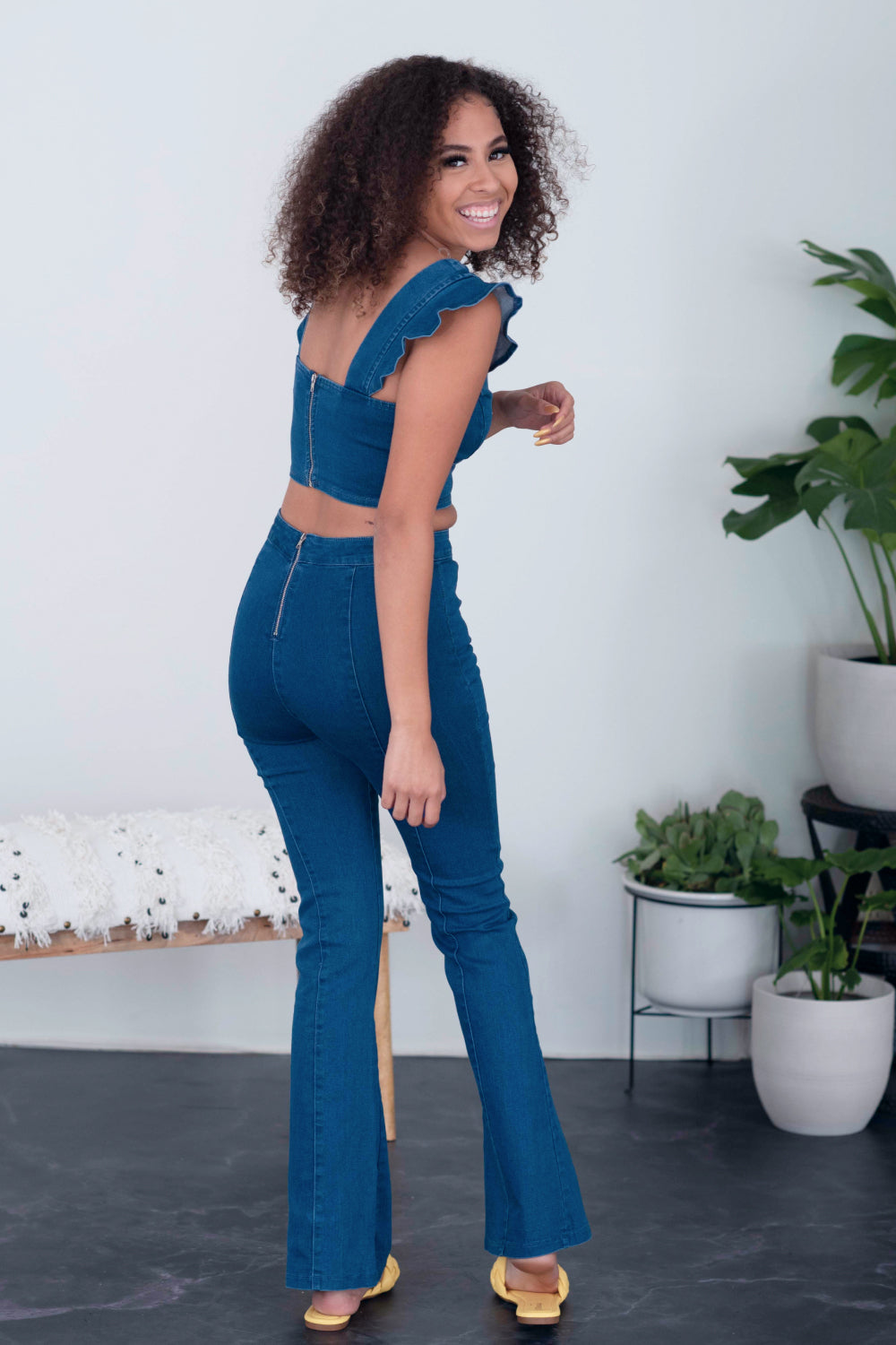 SHOPIRISBASIC One in a Million Denim Crop Top and Flare Pants Set -