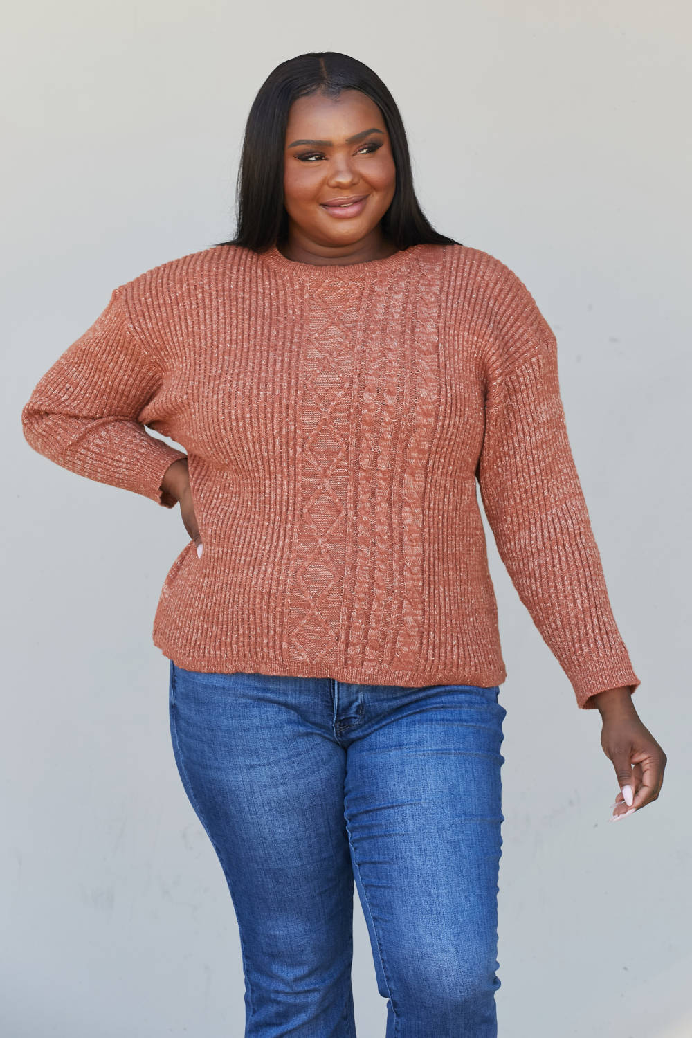 Sew In Love Full Size Mixed Knit Dropped Shoulder Sweater - Rust / S