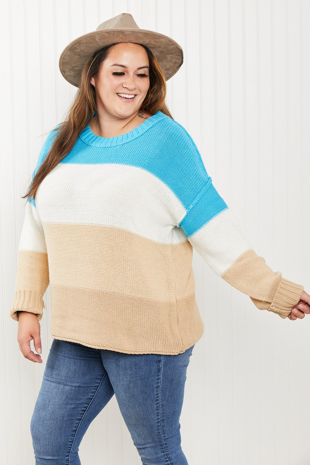 Sew In Love Full Size Color Block Exposed Seam Sweater -