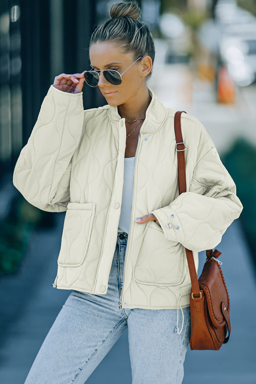 Drawstring Dropped Shoulder Quilted Jacket -