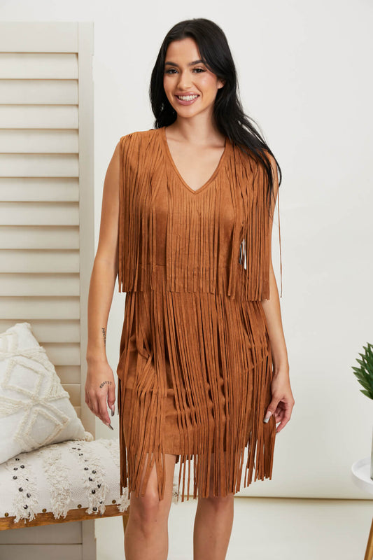 Vocal Shake It Up Fringe Dress - Camel / S