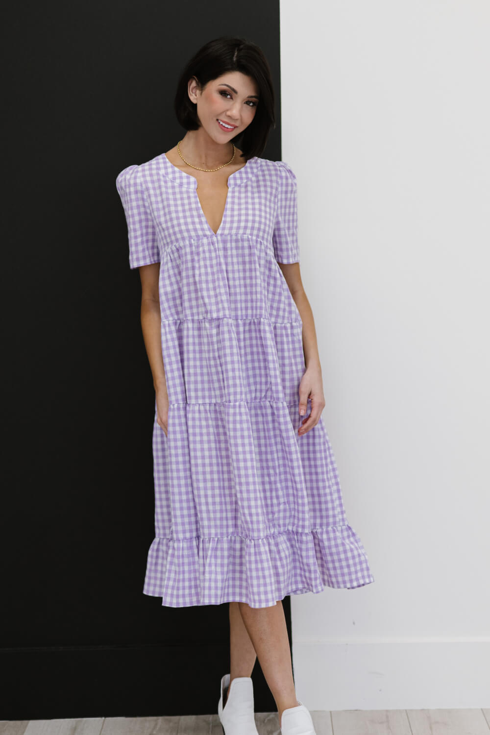 BiBi Slow Dancing Gingham Tiered Midi Dress -