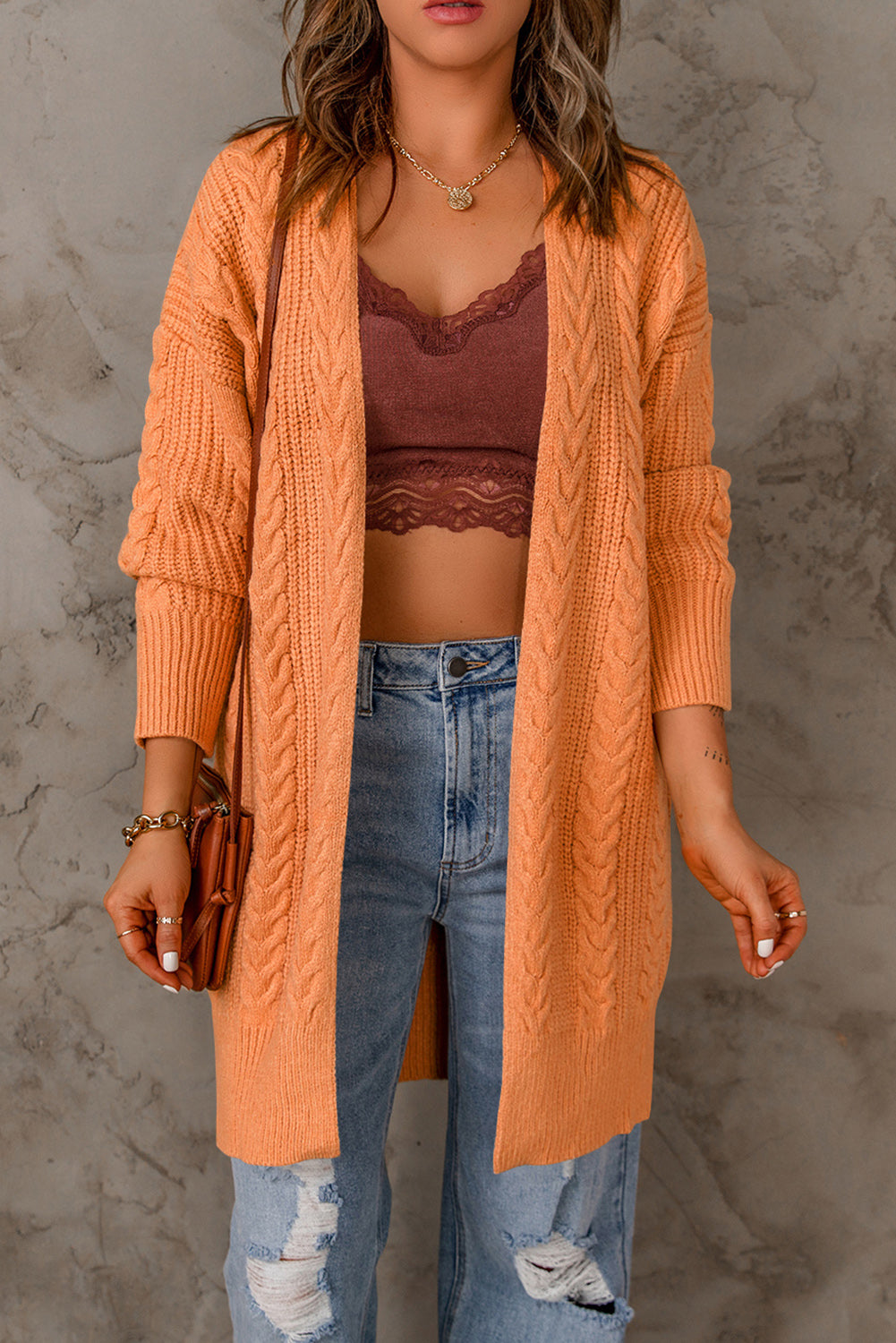 Cable-Knit Open Front Sweater Cardigan - Orange / S