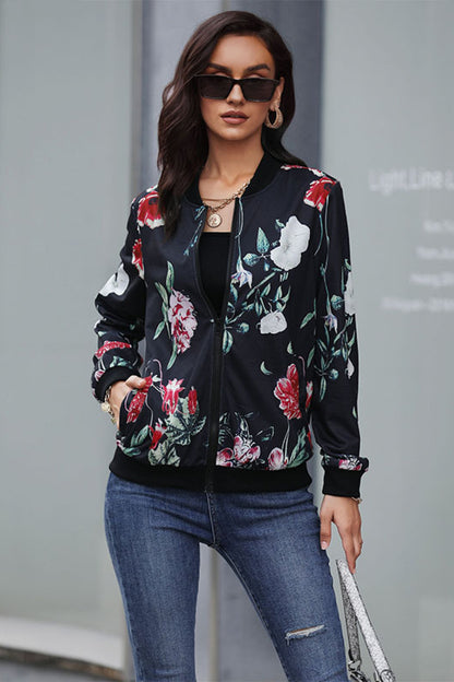 Floral Ribbed Trim Bomber Jacket - Black / S