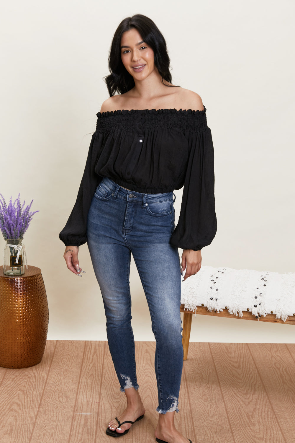 HYFVE Never Too Chic Off-Shoulder Button Front Crop Top -