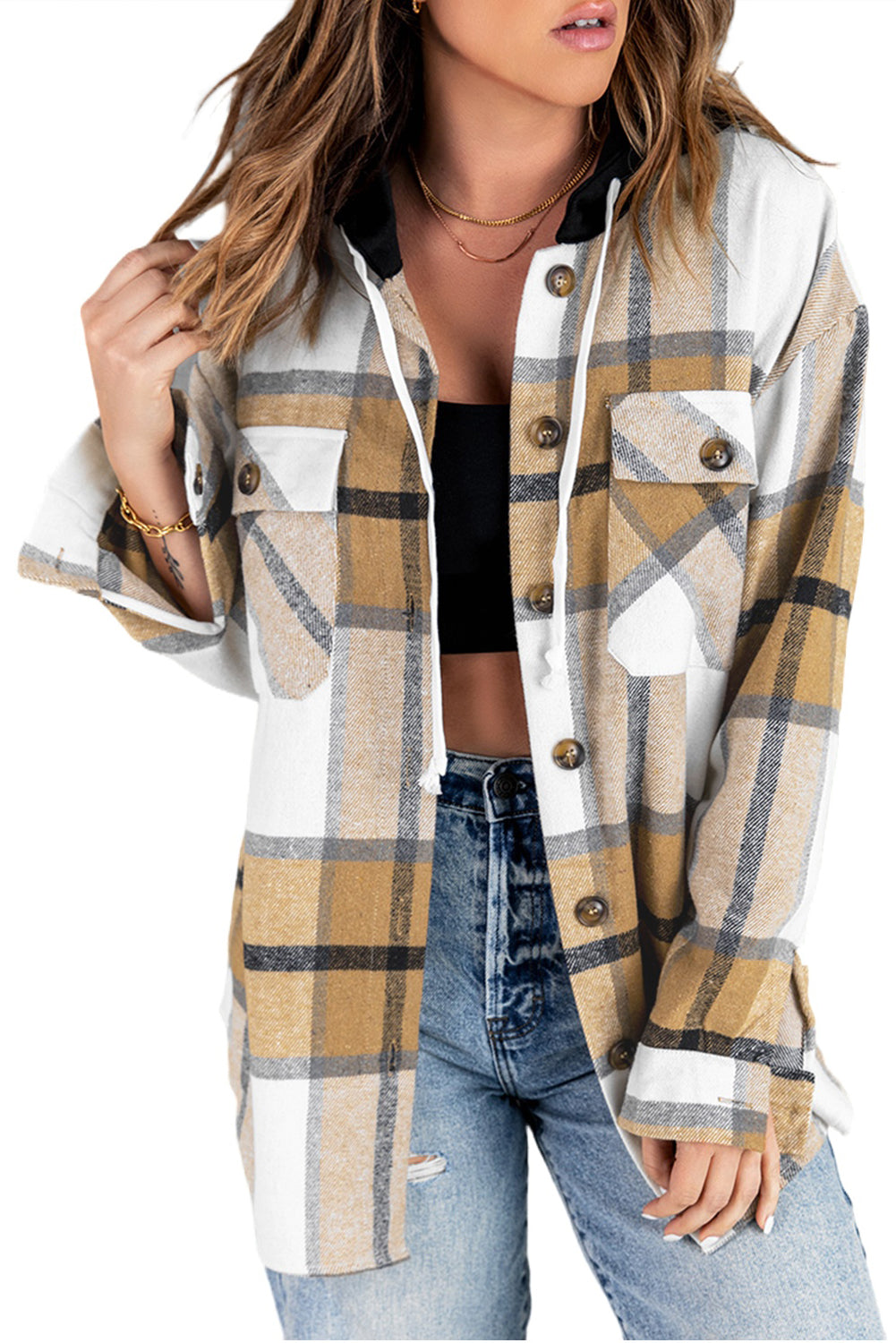 Plaid Button Down Hooded Shirt Jacket with Breast Pockets -