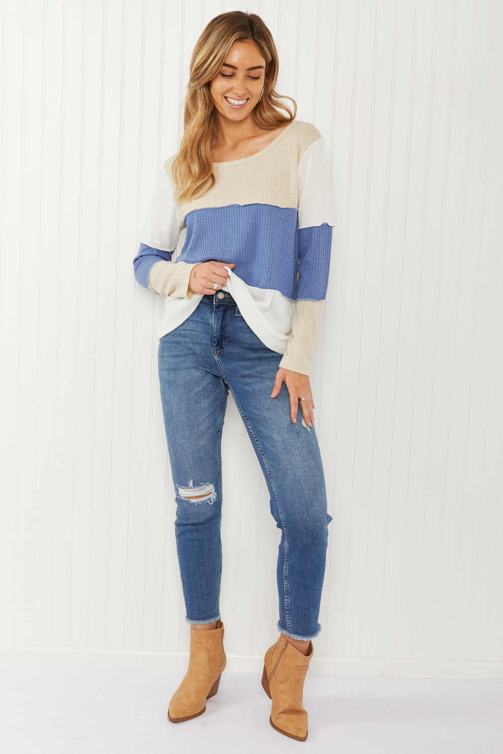 HOPELY Blue Skies Color Block Waffle Knit Top -