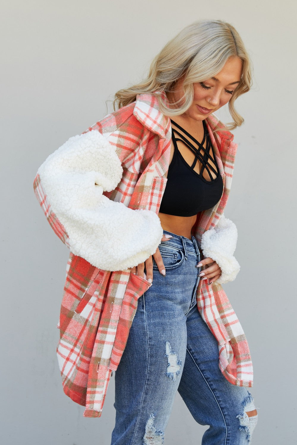 Davi & Dani Somewhere in Seattle Plaid Teddy Sleeve Shacket -