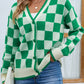 Checkered Button Front Ribbed Trim Cardigan - Green / S