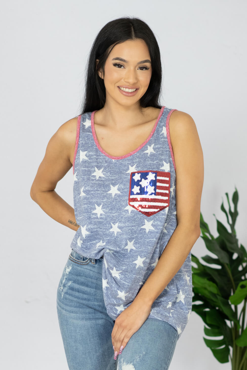 e. Luna Star Spangled Printed Sequin Pocket Tank -