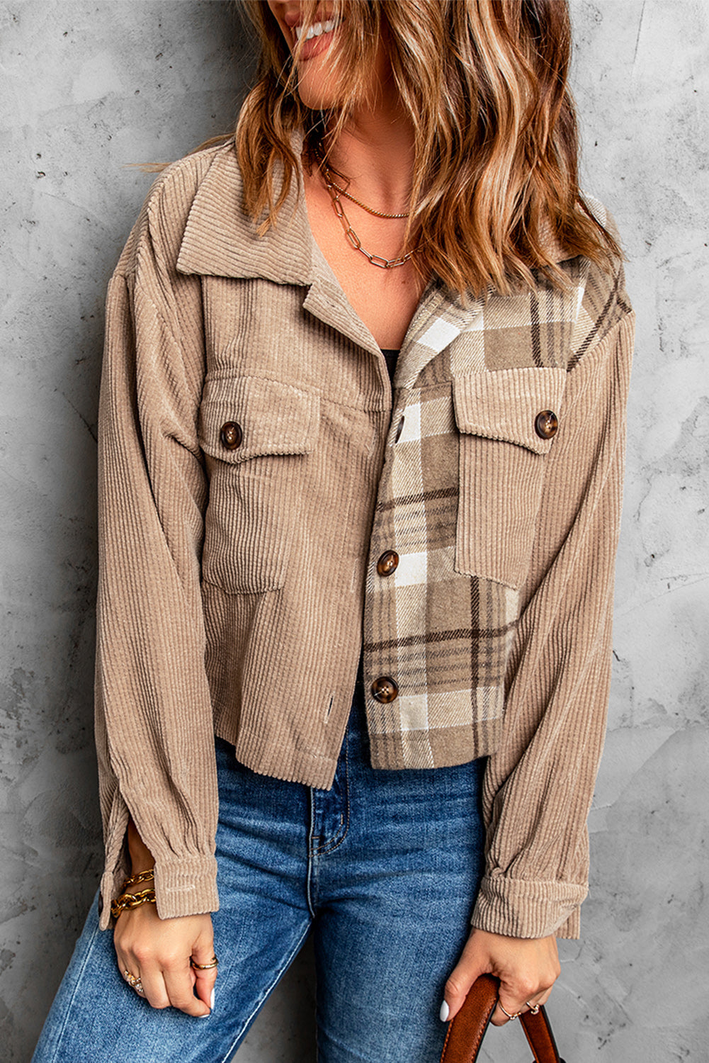 Plaid Corduroy Dropped Shoulder Jacket -