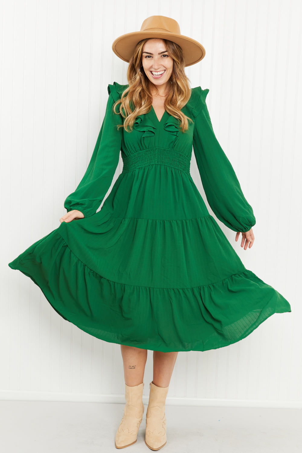 Davi & Dani Rooftop Reservation Full Size Layered Ruffle Midi Dress - Green / S