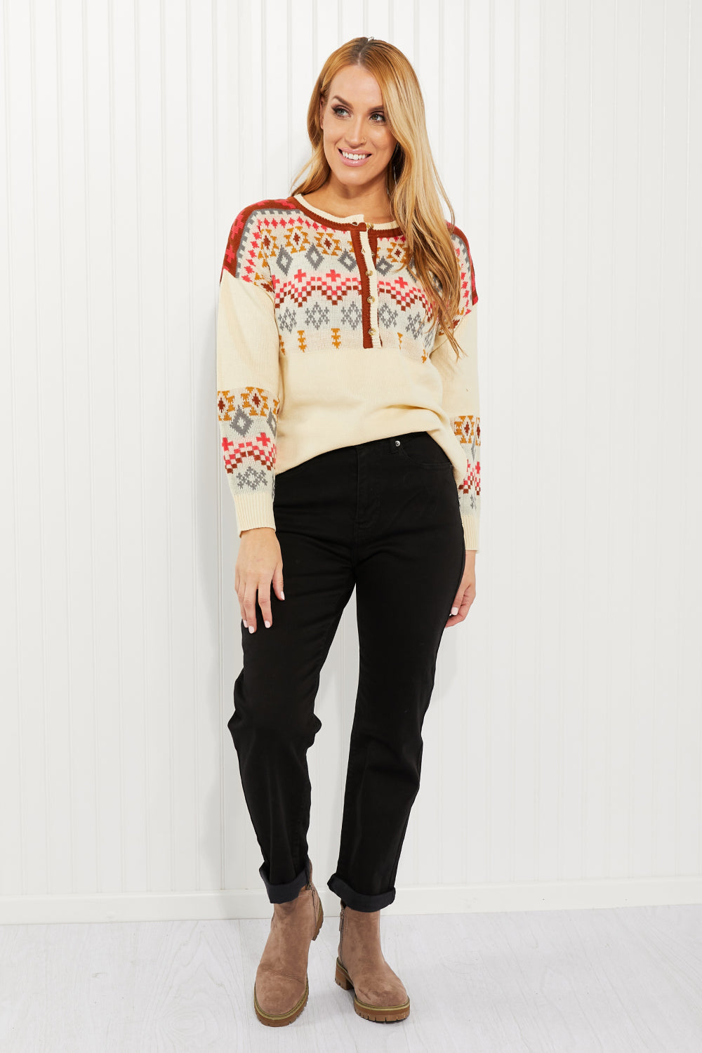 Andree by Unit Full Size Geometric Half-Button Henley Sweater -