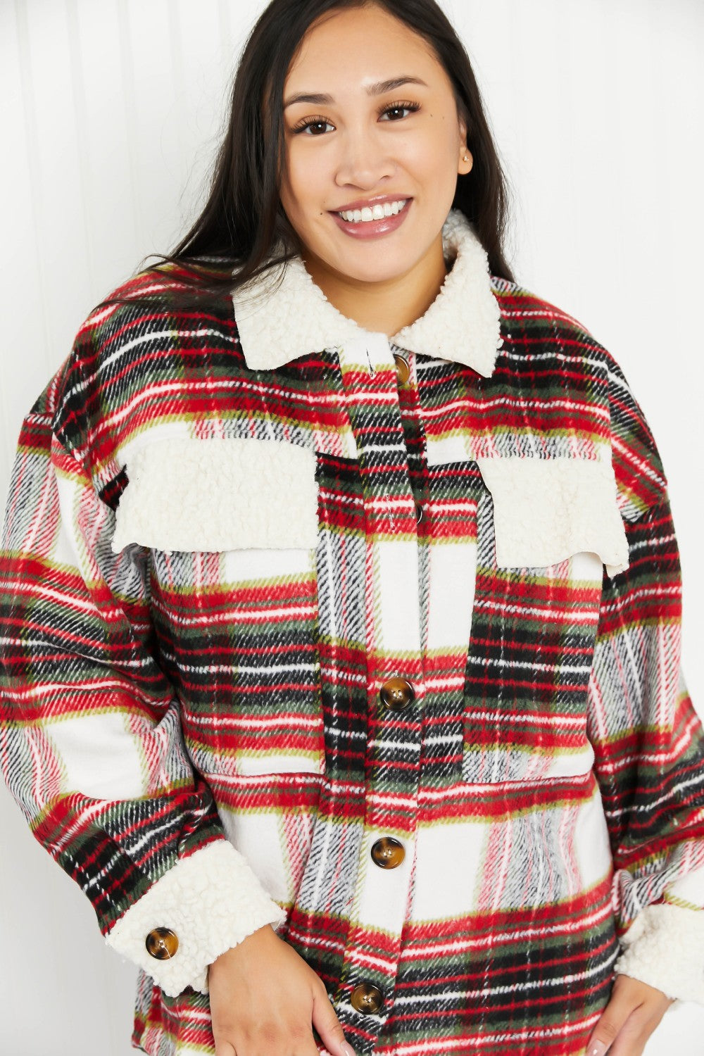 Davi & Dani Fresh Fall Vibes Full Size Plaid Button Down Jacket with Teddy Trim -