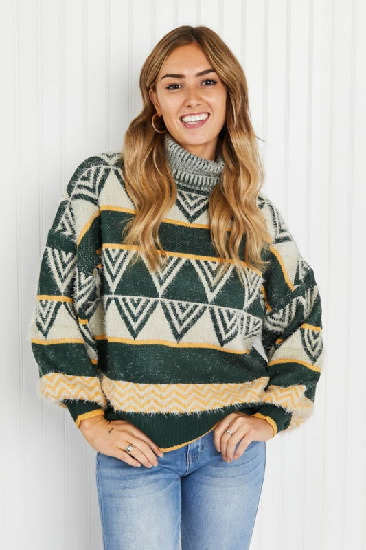 Davi & Dani Cozy Weather Full Size Geometric Fuzzy Turtleneck Sweater in Green - Green / S